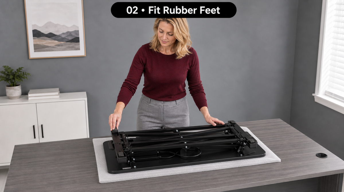 “Step 2: Fit rubber feet to the underside of the desk converter while it rests upside down on protective foam.”