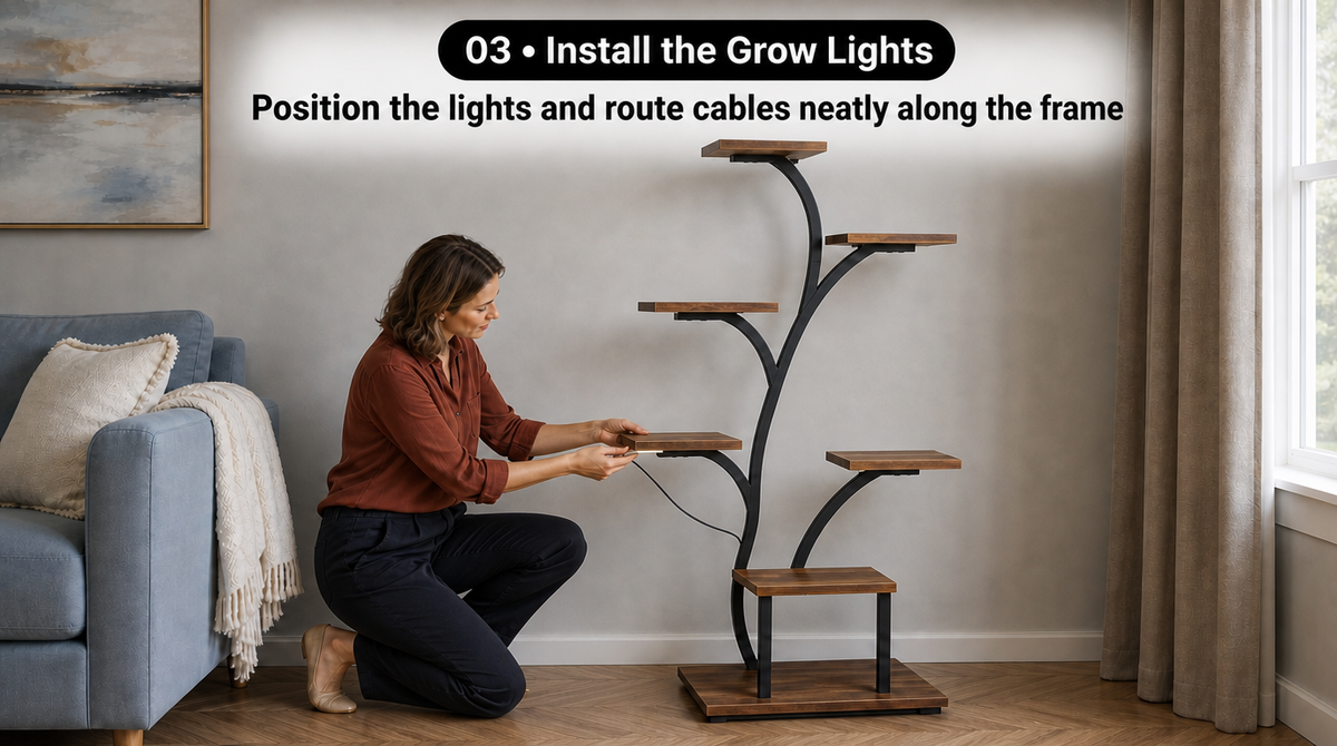 “Woman fitting a grow light beneath a plant shelf, with instructions to route cables neatly along the frame.”