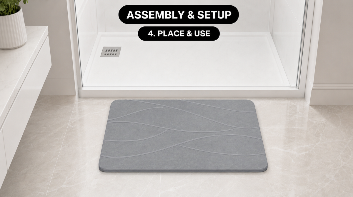 Step 4: Place the gray stone bath mat flat on the bathroom floor outside the shower entrance.