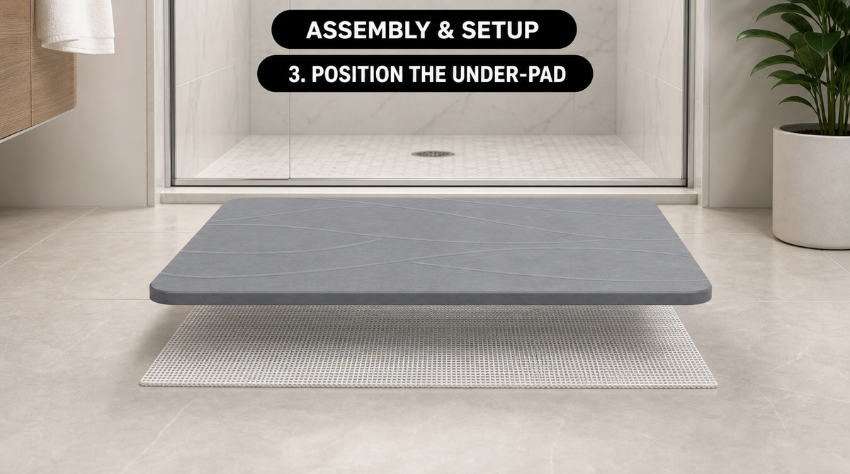 Step 3: Lay the mesh anti-slip pad flat on the floor beneath the stone bath mat, shown in a separated-layer view.