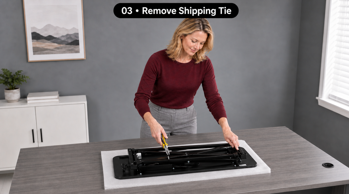 “Step 3: Cut the shipping tie securing the folded desk converter frame while it rests upside down on protective foam.”