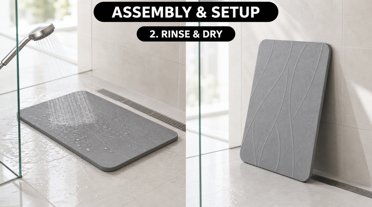 Step 2: Rinse the stone bath mat with a handheld shower, then stand it against a wall to dry.