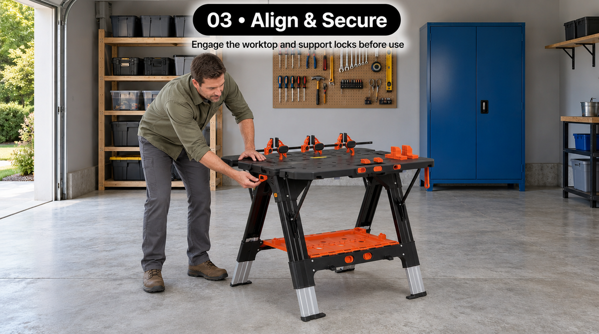 “Man engaging an orange lock beneath the worktop while steadying the unfolded workbench with his other hand.”