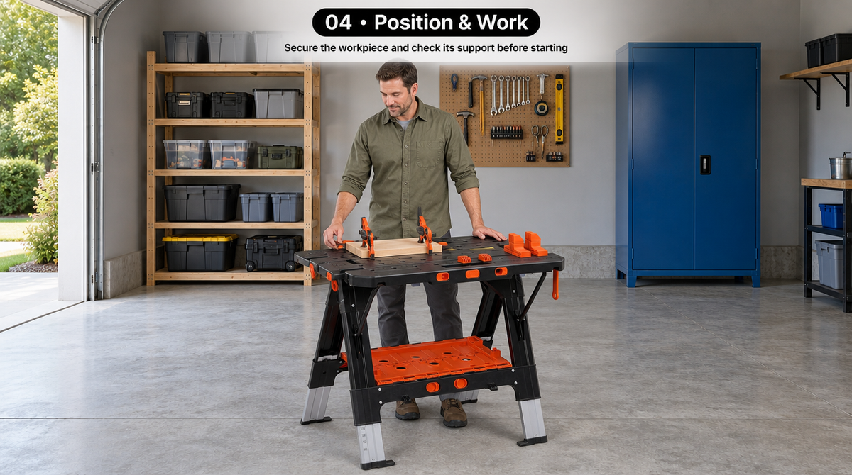 “Man checking a wooden board held by two orange clamps on the workbench before starting work.”