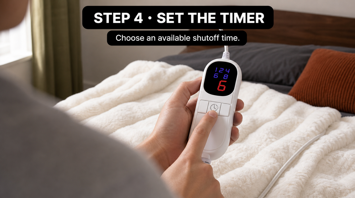 Step 4: A finger presses the controller’s clock button; the pictured timer offers 1, 2, 4, 6, and 8 hours.