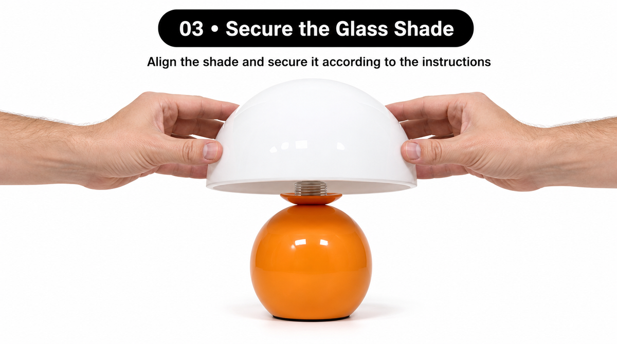 “Two hands lower and align the white glass shade over the orange mushroom lamp base.”