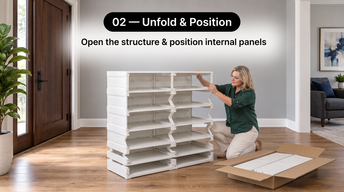 “Woman unfolding the shoe cabinet upright, lifting the top while the hinged supports and internal shelves extend.