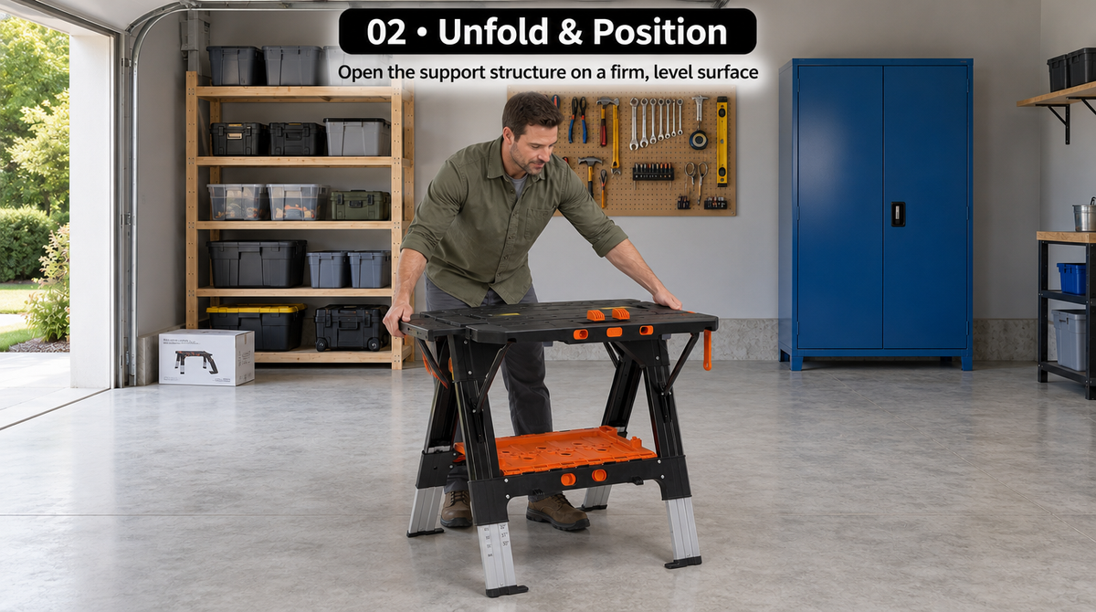 “Man opening the folding workbench and positioning its legs on a firm, level garage floor.”