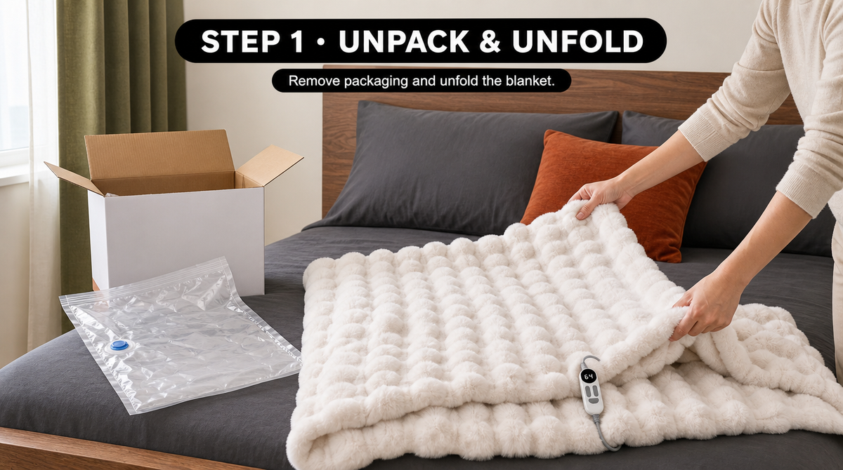 Step 1: A person unfolds the white heated blanket on a bed beside its open box and empty plastic packaging.