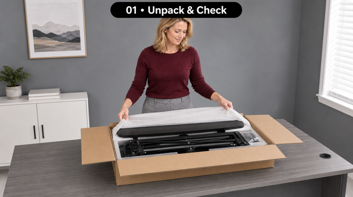 “Step 1: Remove protective packing to unpack and check the desk converter and keyboard tray.”