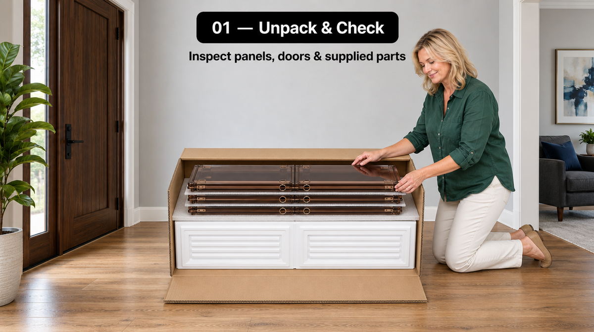 Woman inspecting stacked brown-tinted door panels and the folded white shoe cabinet frame inside an open shipping box.