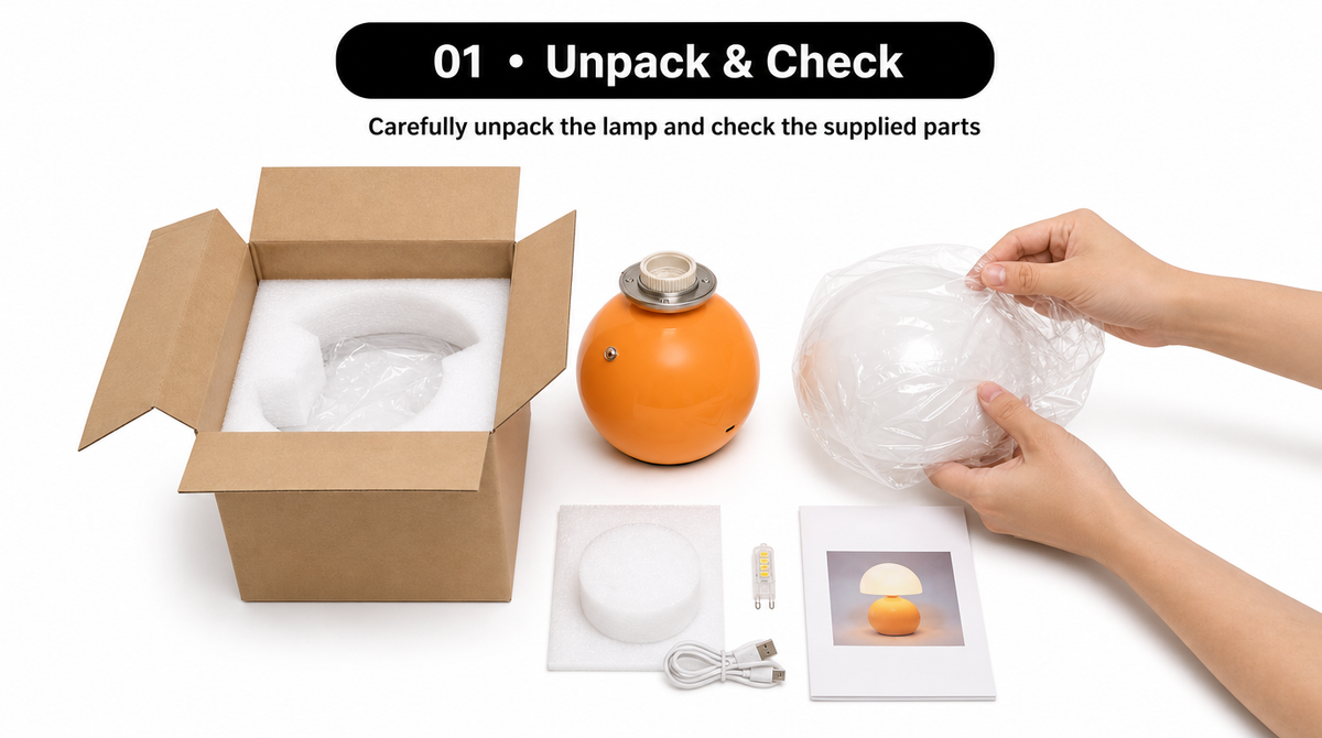 “Hands unwrapping the glass shade beside the orange lamp base, bulb, charging cable, instructions, and open box.”