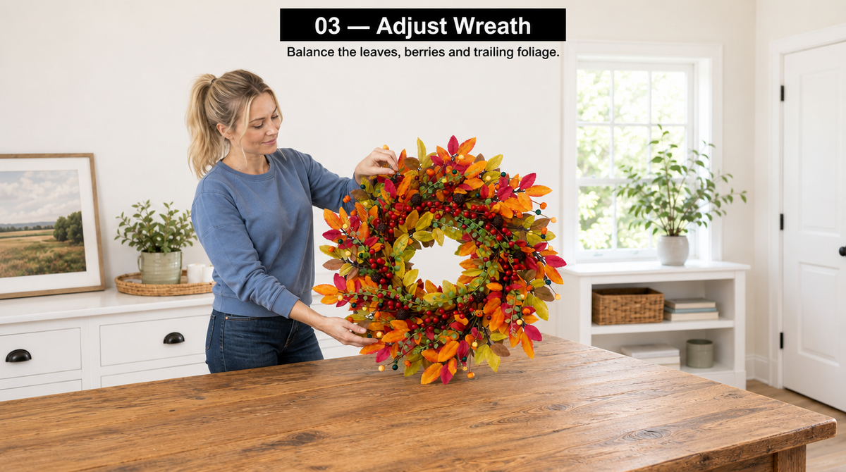 “Woman holding the wreath upright and adjusting its leaves, berries, and trailing foliage for a balanced shape.”