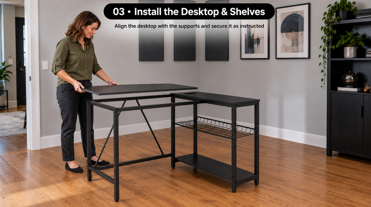 “Lower the main desktop panel onto the metal frame, aligning it with the supports before securing it.”