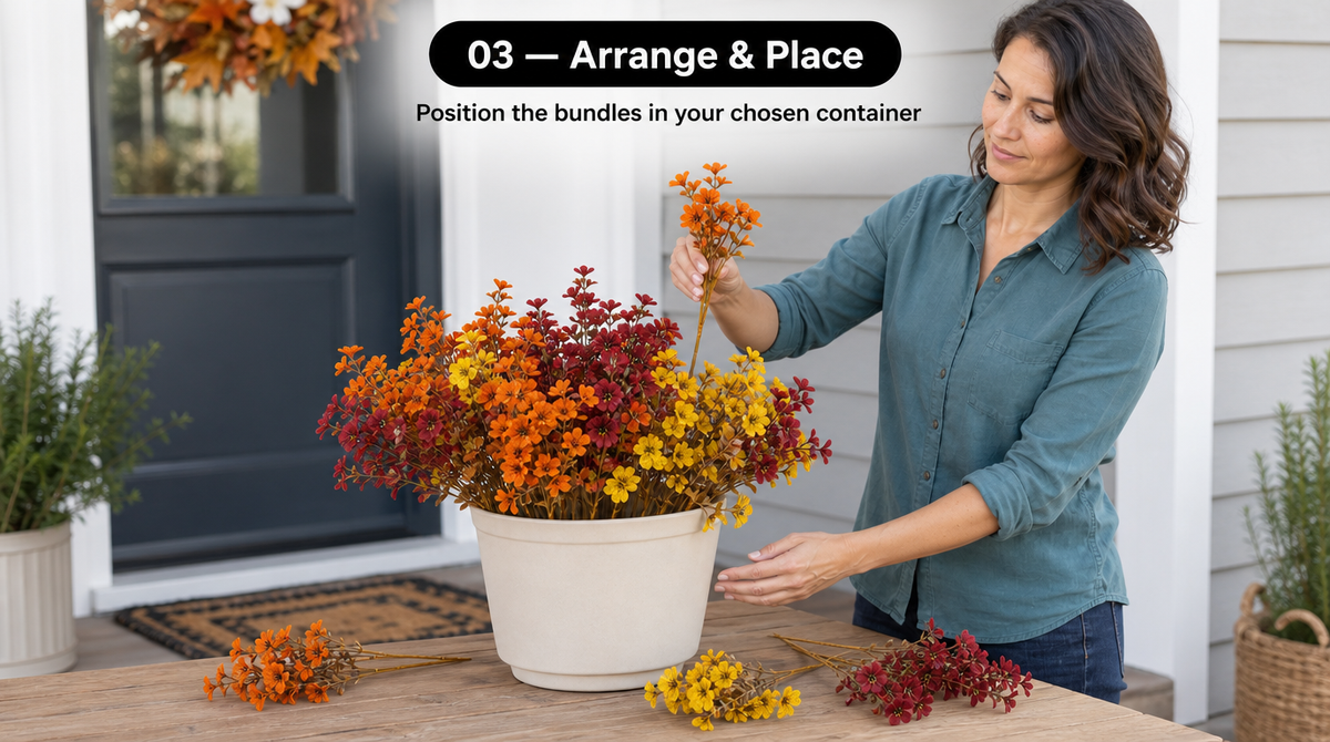 Woman inserting an orange flower bundle among yellow and burgundy blooms in a cream planter.