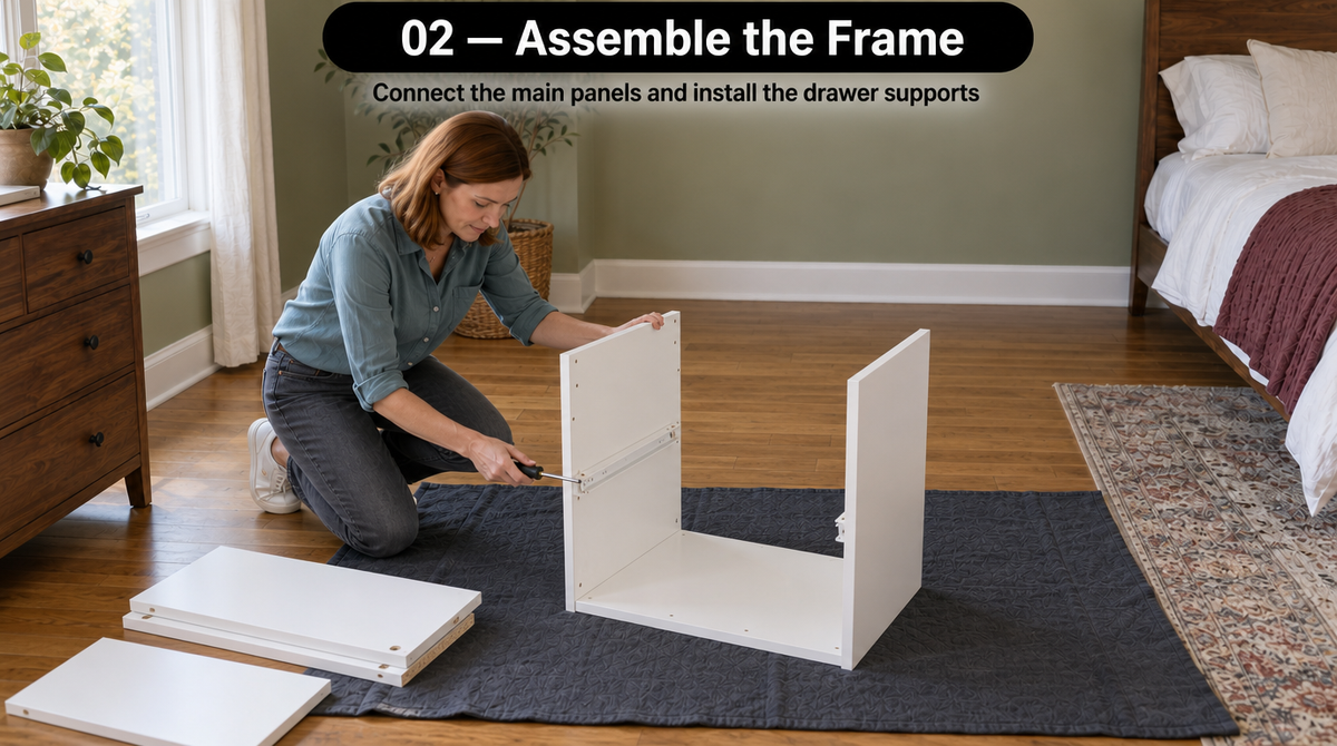 “Woman using a screwdriver to attach a drawer slide inside the partially assembled white nightstand frame.”
