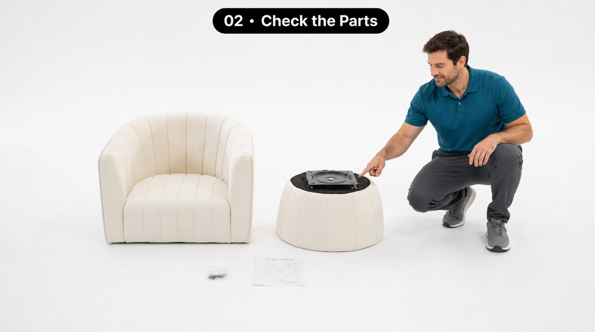 “Step 2: A man checks the beige chair body, separate upholstered swivel base, hardware bag, and instruction sheet.”