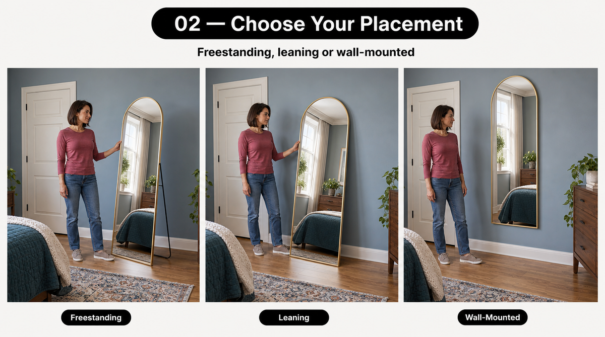 “Three placement options for the gold arched mirror: freestanding on its rear stand, leaning, or wall-mounted.”