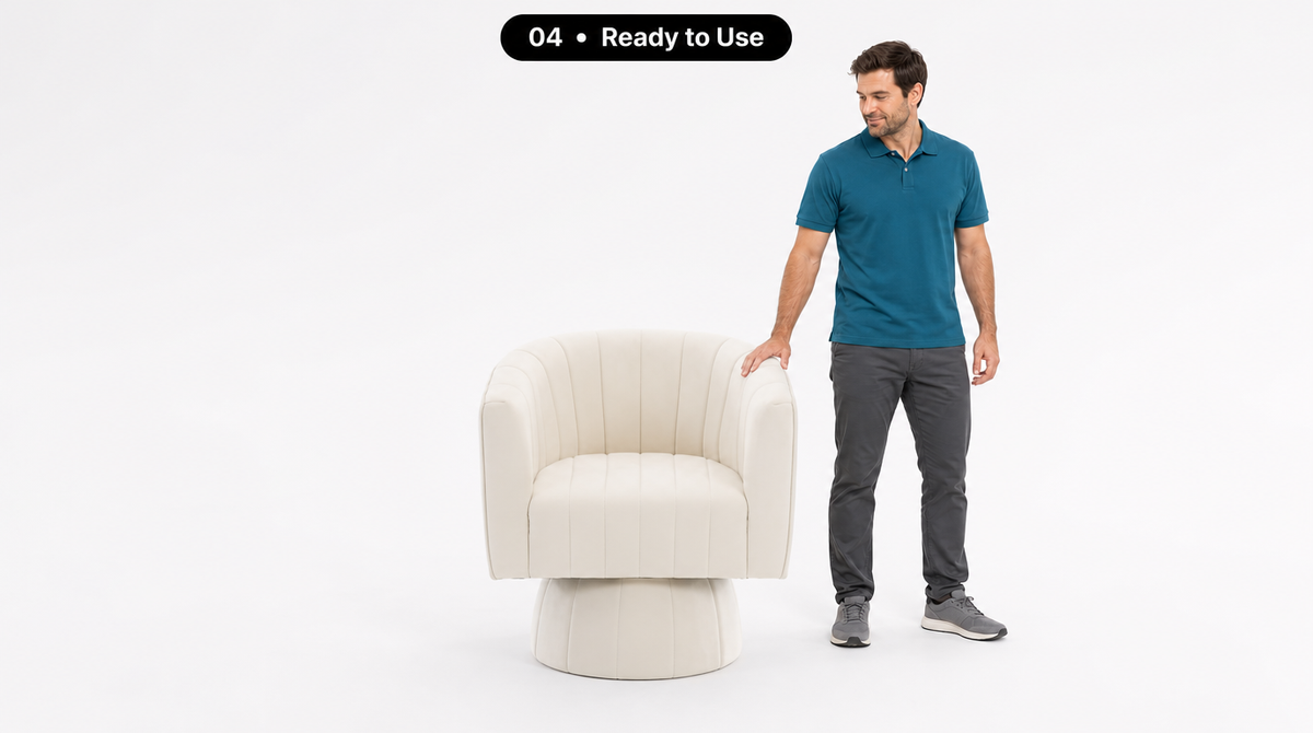 “Step 4: The assembled beige swivel chair stands upright beside a man resting one hand on its curved back.”