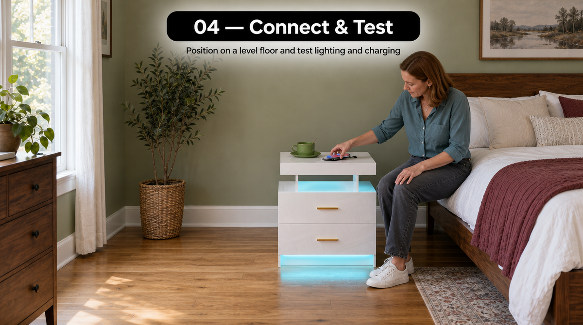 “Woman testing the assembled bedside nightstand with a phone on top and blue lighting glowing beneath the shelf and base.”