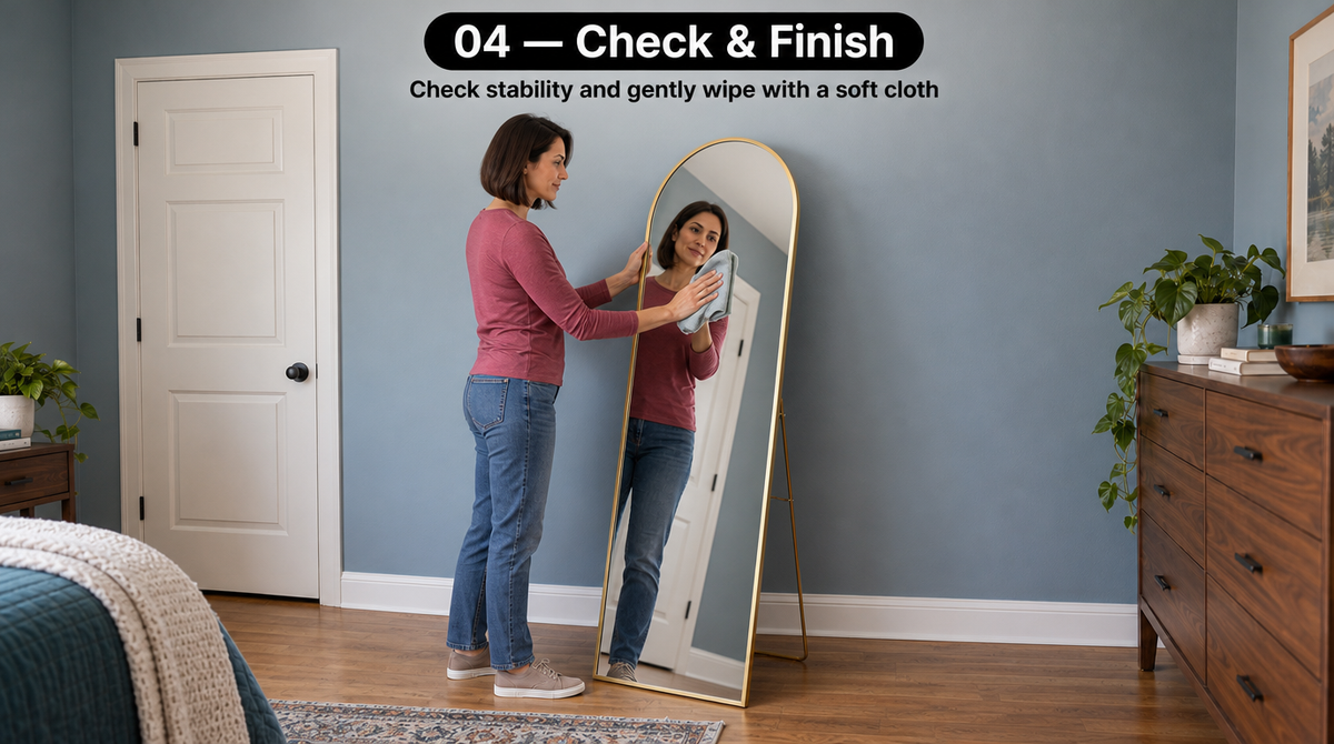“Woman steadying the mirror frame and wiping the glass with a soft cloth; check stability before use.”
