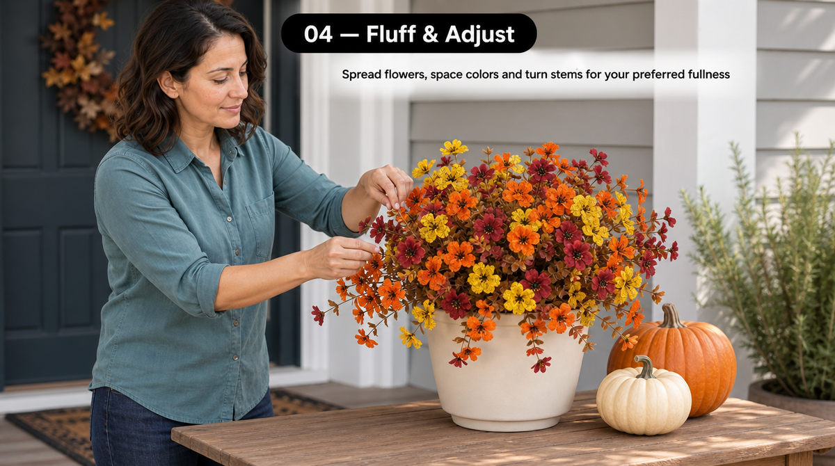 Woman spreading outer flower stems around the planter’s rim to create a fuller, rounded arrangement.