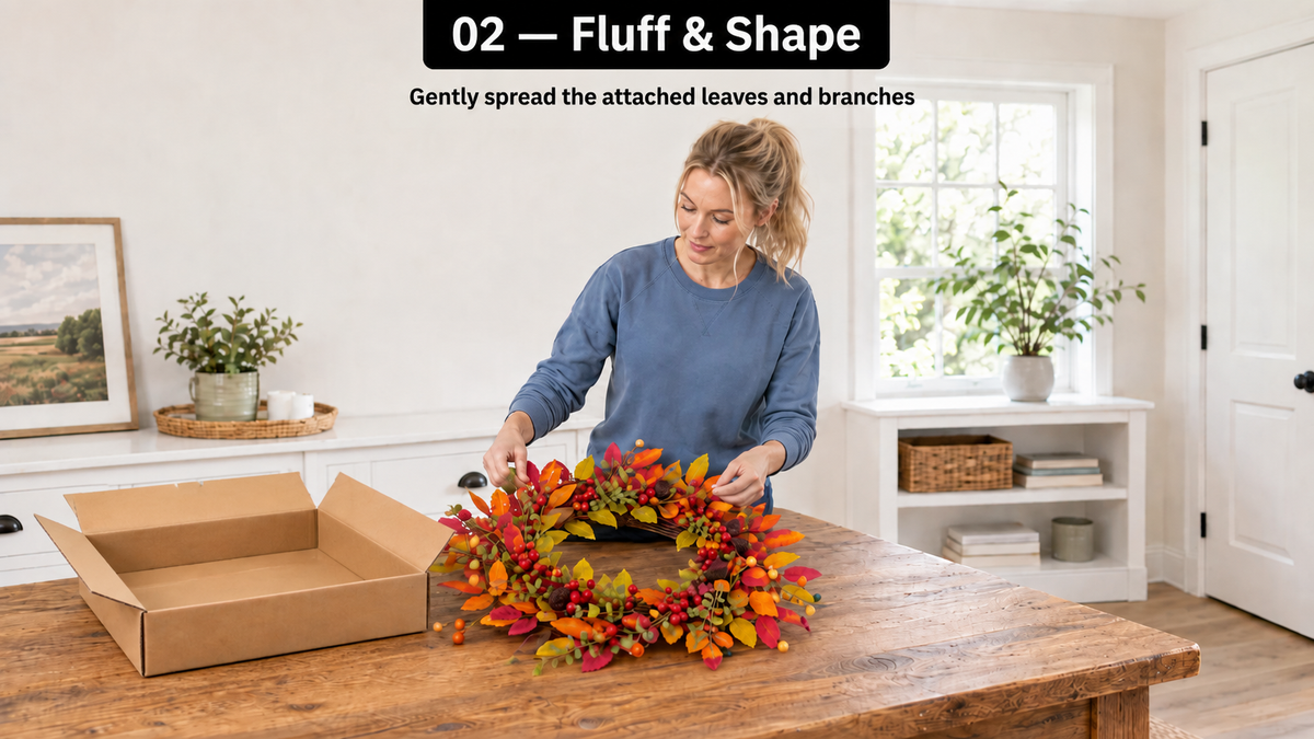 “Woman gently spreading the fall wreath’s attached leaves and branches while it rests flat on a wooden table.”