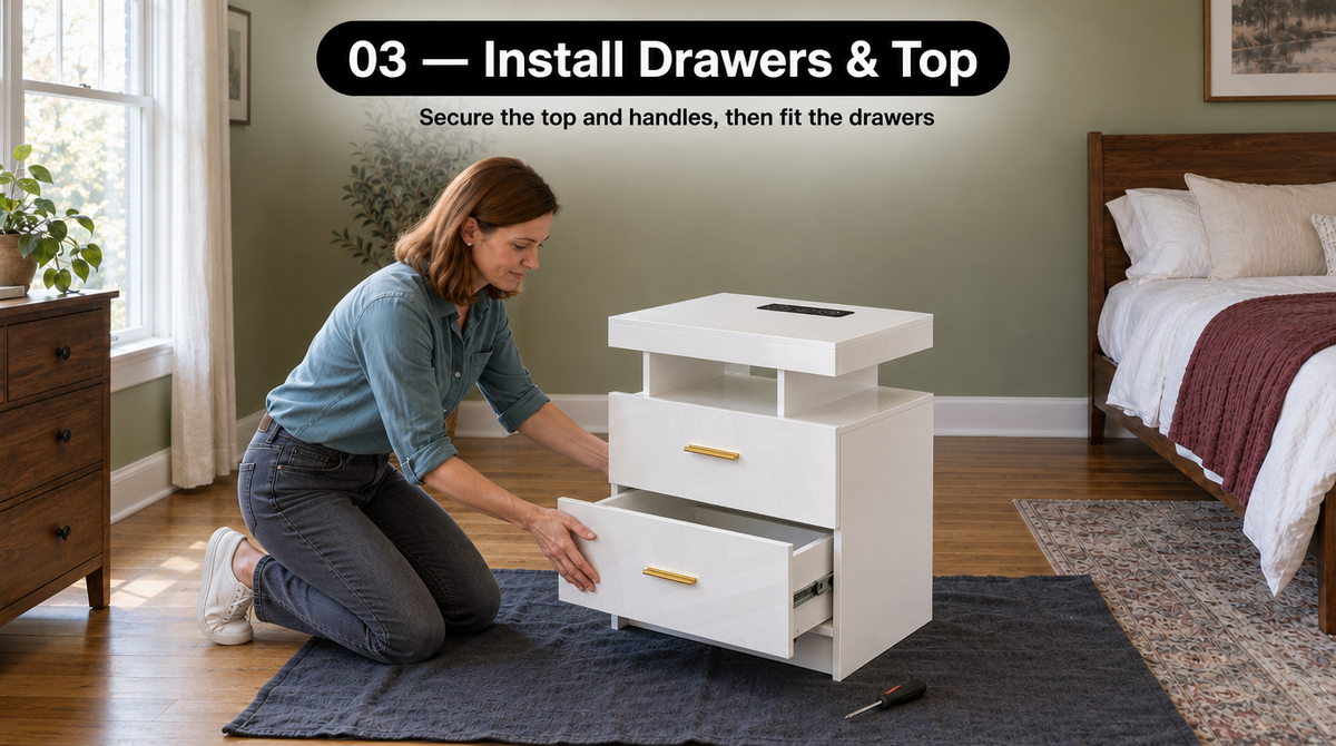 “Woman fitting the lower drawer into a white nightstand with its tabletop and gold-tone handles already attached.”