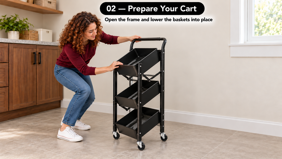 Woman opening the black foldable cart’s frame and lowering its three tilted baskets into place.