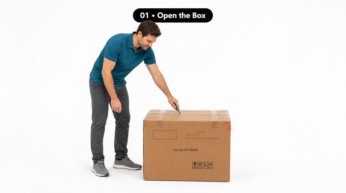 “Step 1: A man cuts the tape along the top of the chair’s shipping box with a utility knife.”