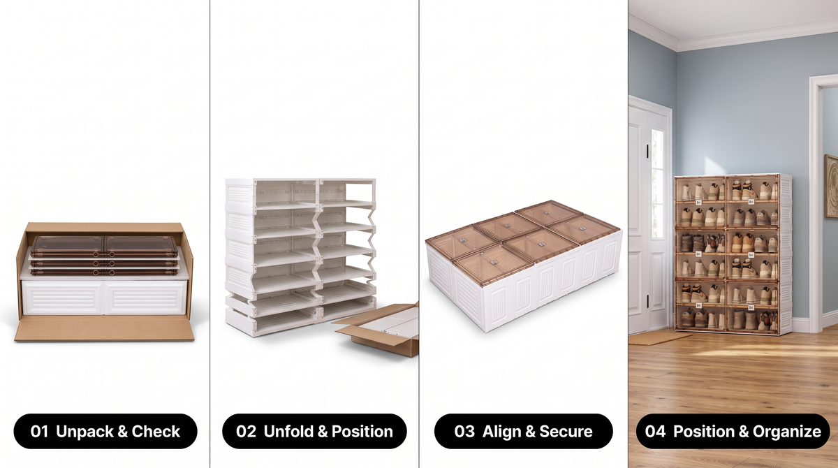 Four setup stages: unpack the folded shoe cabinet, unfold the frame, align the doors, and position it for shoe storage.