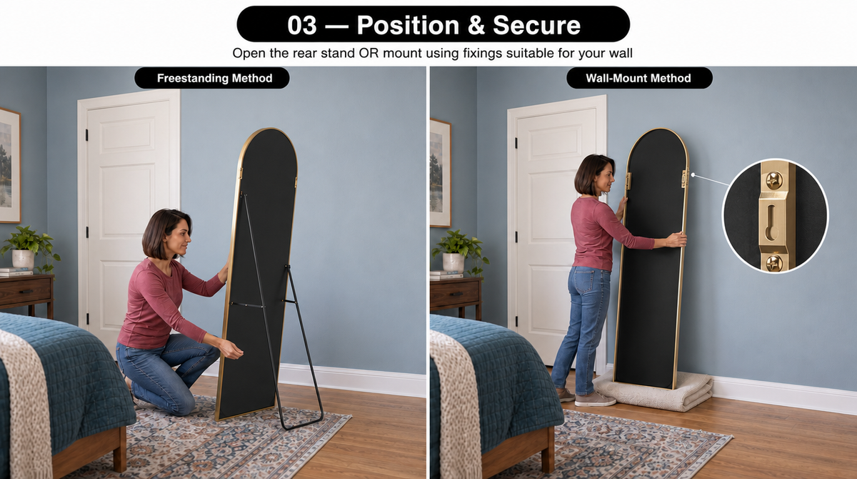 “Woman opening the rear stand or preparing the mirror for wall mounting, with a close-up of the rear mounting hook.”