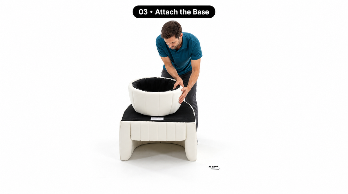 “Step 3: A man positions the round base on the underside of the upside-down chair, with hardware nearby.”