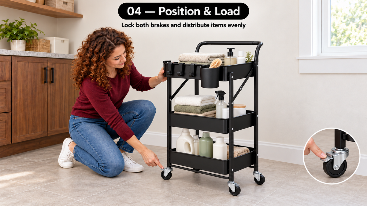 Woman pressing a caster brake on a loaded cart; an inset shows the brake lever. Lock both brakes and distribute items evenly