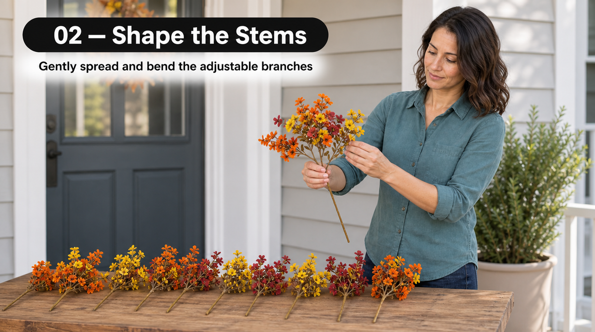 Woman holding a flower bundle at the stem base while gently spreading its branches outward.