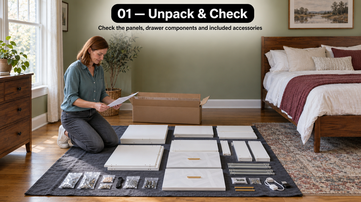 “Woman checking the assembly guide against unpacked nightstand panels, drawer parts, hardware, and cables laid out on a mat.”