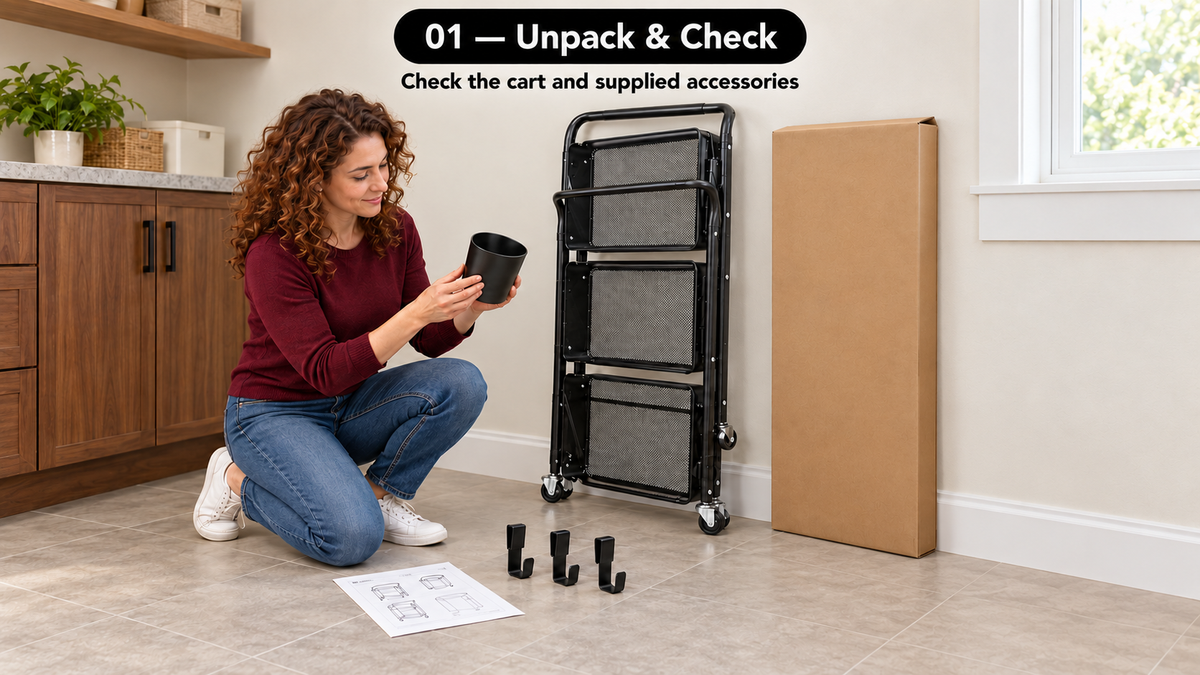 Woman checking the hanging cup beside the unpacked folded cart, with three hooks and an instruction sheet on the floor