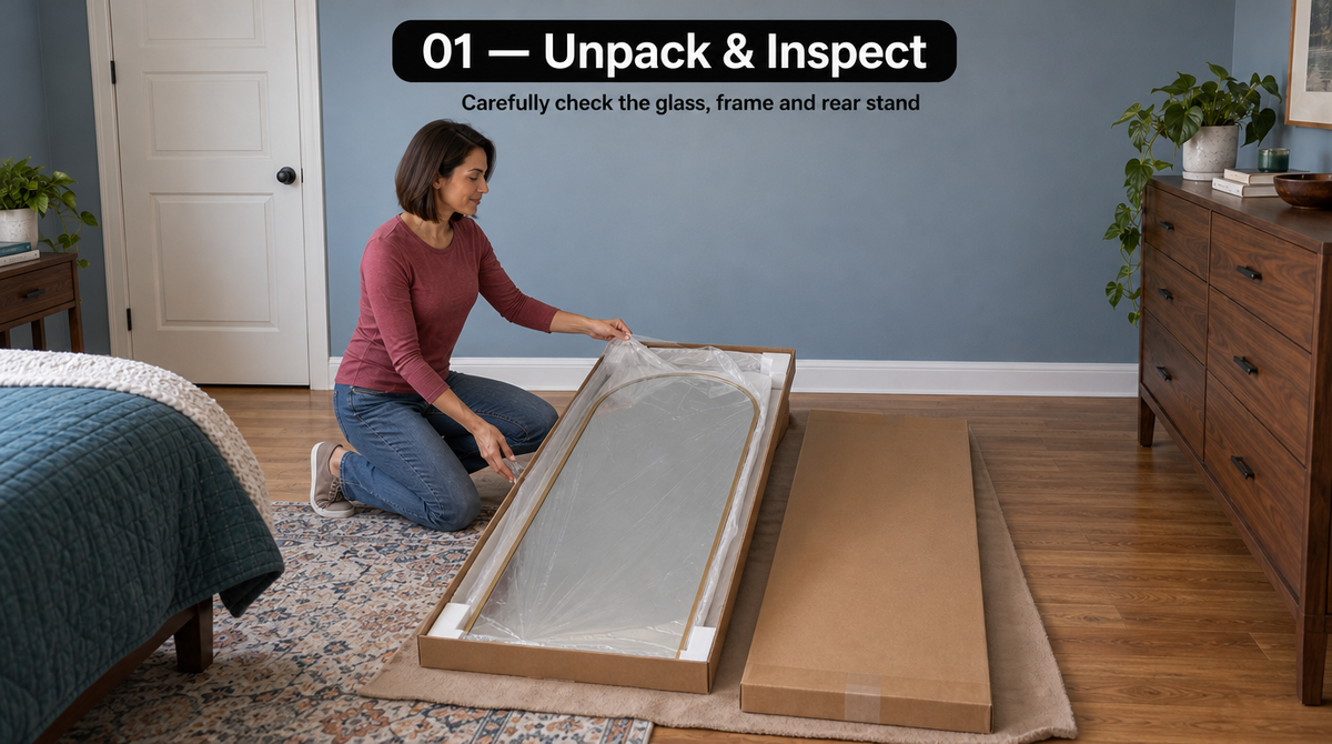 “Woman removing protective wrapping from the boxed mirror; check the glass, frame, and rear stand.”