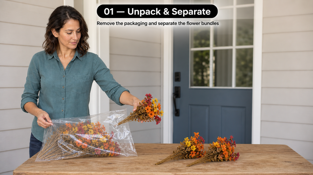 Woman removing artificial fall flower bundles from a clear plastic bag and laying them separately on a table.