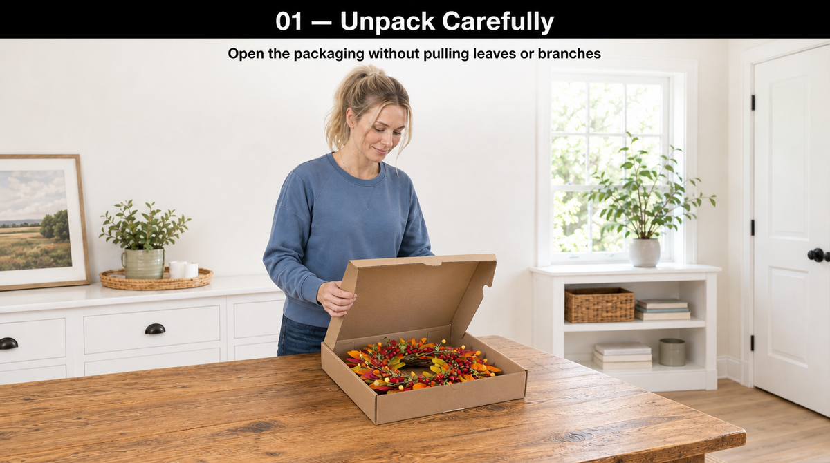 “Woman opening the wreath’s box on a table, with instructions to avoid pulling the leaves or branches.”