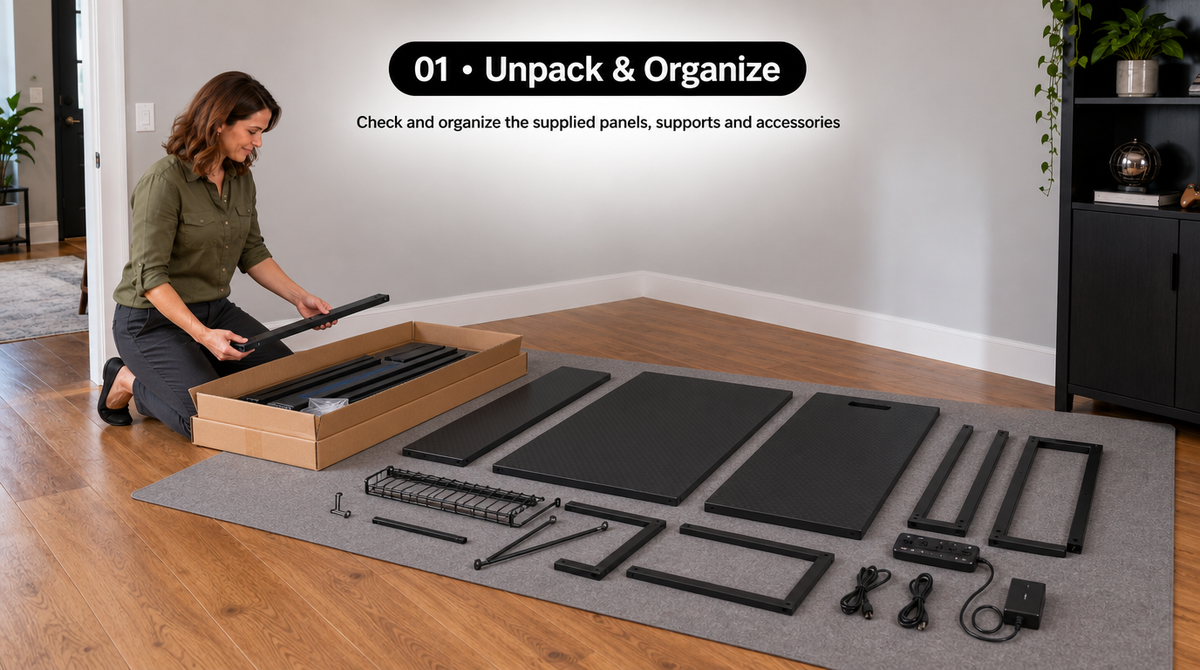 “Unpack the desk and arrange its panels, metal supports, grid shelf, hook, and electrical accessories before assembly.”