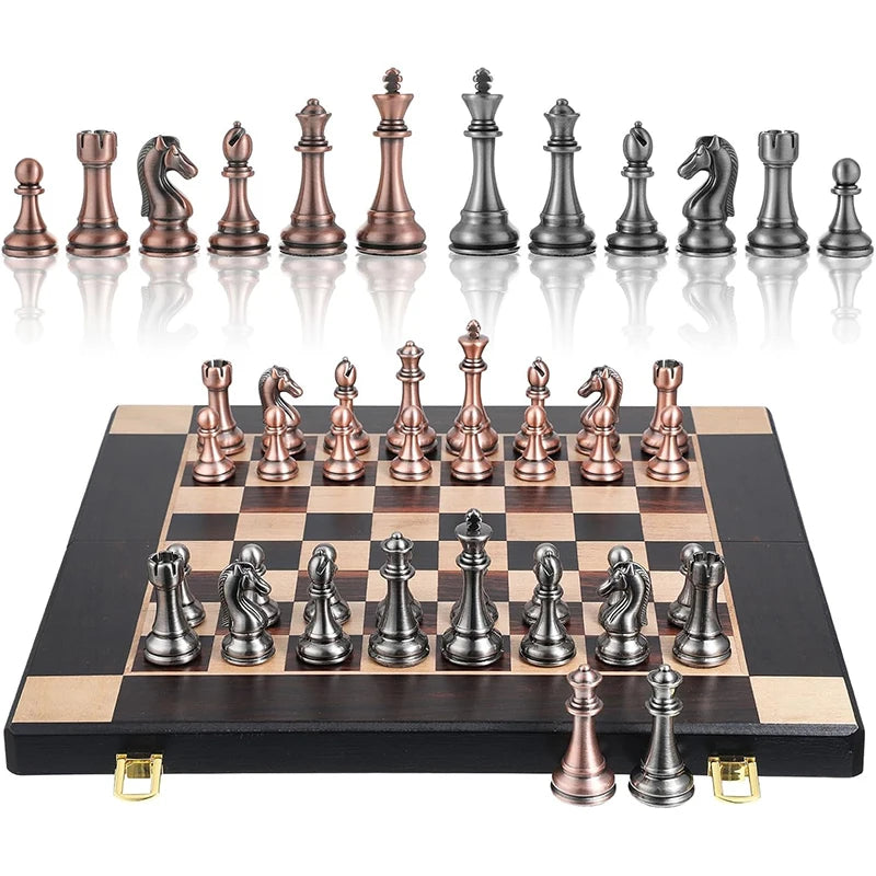 High end metal chess pieces, 38cm/15 inches, ebony wooden chessboard, providing foldable classic games for chess enthusiasts
