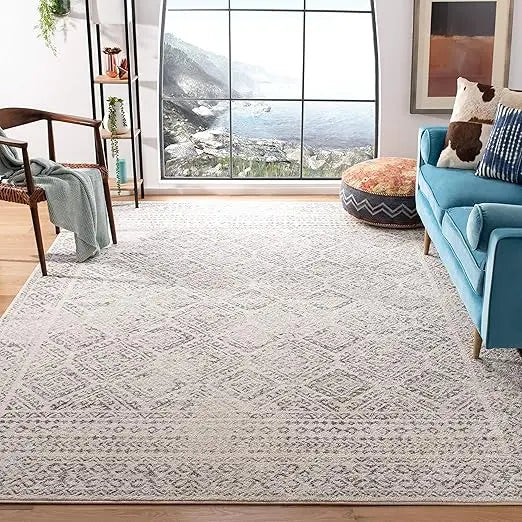Moroccan-Style Bohemian Distressed Area Rug 8x10 - Large Size, Ivory and Grey Tones, Easy to Clean and Non-Shedding