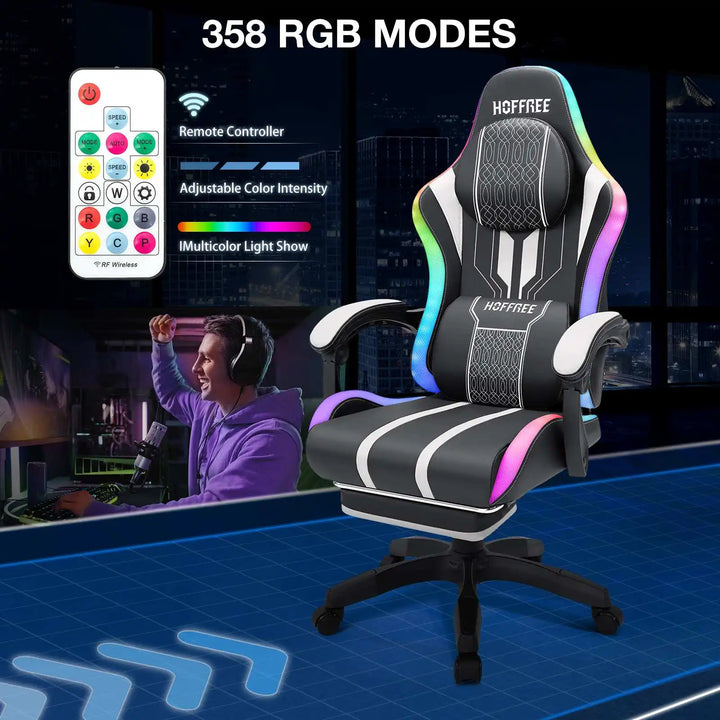 Gaming Chair Office Chair Ergonomic Bluetooth Speaker LED Lights Massage  Adjustable Height Armrests Headrest Lumbar Support