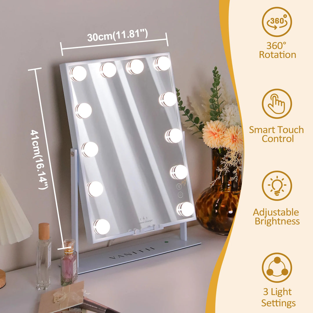 FENCHILIN White Vanity Mirror with Lights Wireless Charger Bluetooth Speaker Hollywood Makeup Mirror with 12 Dimmable Bulbs