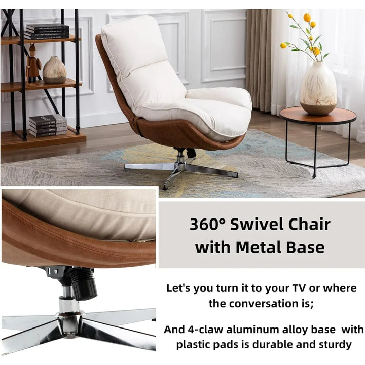 linen swivel lounge chair, upholstered high back accent chair with metal base armelss comfy modern recliner chair for living ro