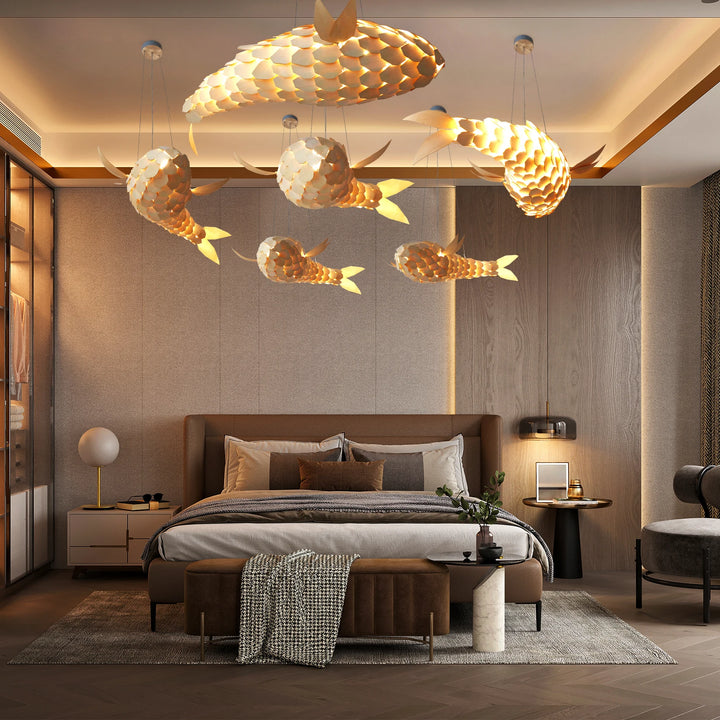 23.6'' Modern LED Fish-Shaped Pendant Light, Adjustable Height Chandelier with Metal Frame Artistic Hanging Lamp for Dining Room