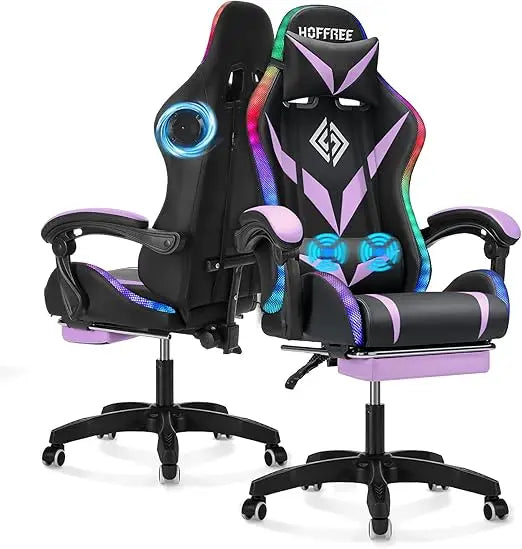 Gaming Chair with Bluetooth Speakers and RGB LED Lights Ergonomic Massage Computer Gaming Chair with Footrest Video Game Chair H