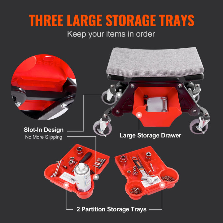 SucceBuy Rolling Mechanic Seat 300 LBS with Wheels Tool Trays Drawer Heavy Duty Roller Creeper Seat for Garage DIY Automotive