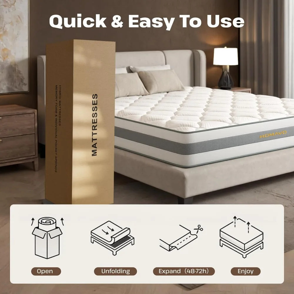 King Mattress,12 Inch Hybrid Memory Foam Medium Feel King Size Bed in a Box,Fiberglass Free,Individual Pocket Spring for Motion